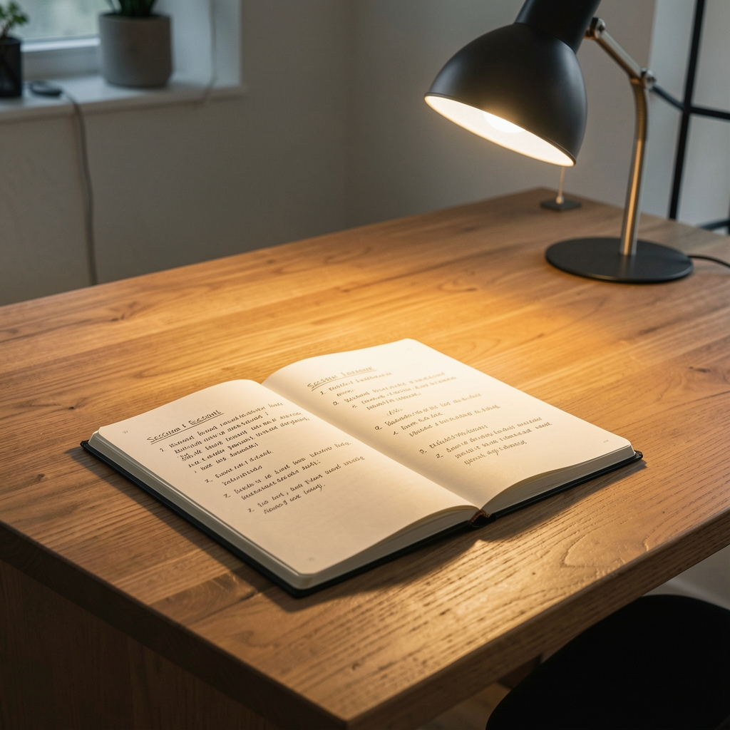Editorial workspace interior with a wooden desk, notebook open to a page of handwritten session notes, and a single lamp providing warm focused light
