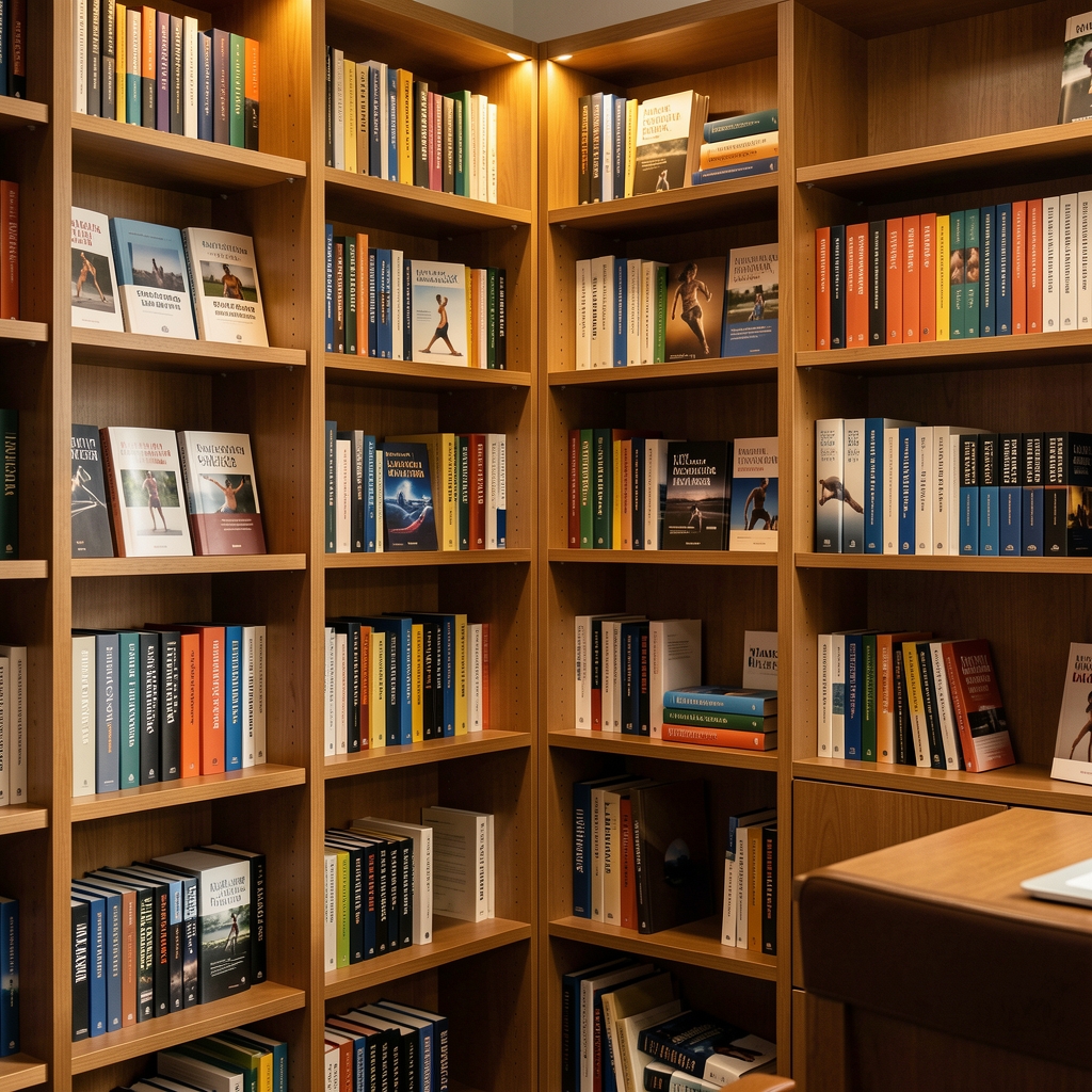 Ordanel Quarterly editorial office interior showing bookshelves with fitness and movement research volumes, warm studio lighting