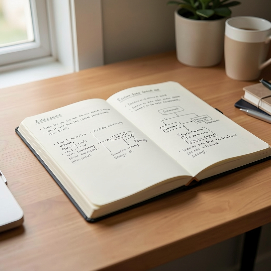 Close-up of an open notebook on a desk showing handwritten editorial notes and session structure diagrams, in a quiet workspace setting