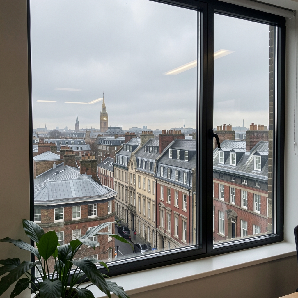 Window view from the Sekforde Street editorial office showing London rooftops and a grey morning sky, indoor plant visible in the foreground