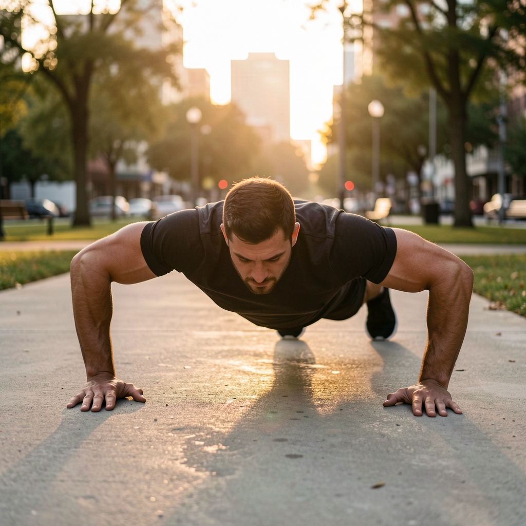 Man performing a slow push-up on a concrete park floor at dawn, controlled movement, urban outdoor setting