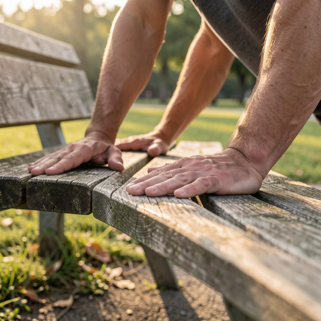 Close-up of hands on a weathered wooden park bench used as an elevated surface for decline push-up progression, early morning light