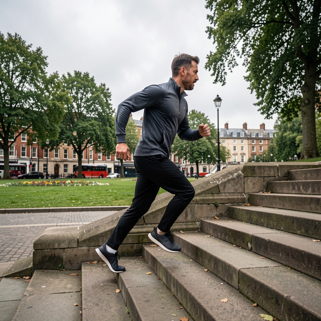Man running up concrete steps in a public park, strong upward stride, overcast London sky