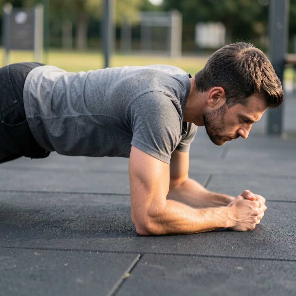 Close-up of a man in a forearm plank position on a dark rubberised outdoor surface, body in rigid alignment, shot from a low side angle