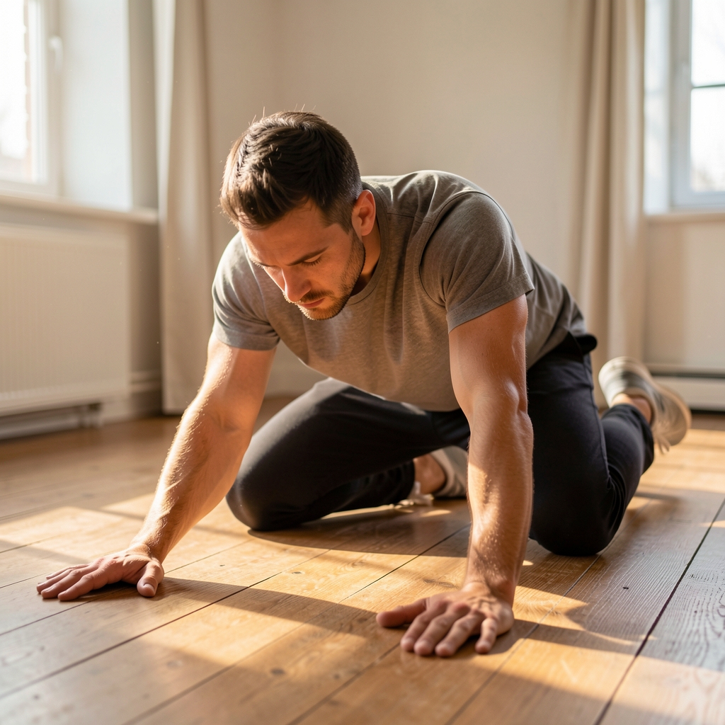 Man performing a deep hip flexor stretch on a wooden floor, morning light, focused expression
