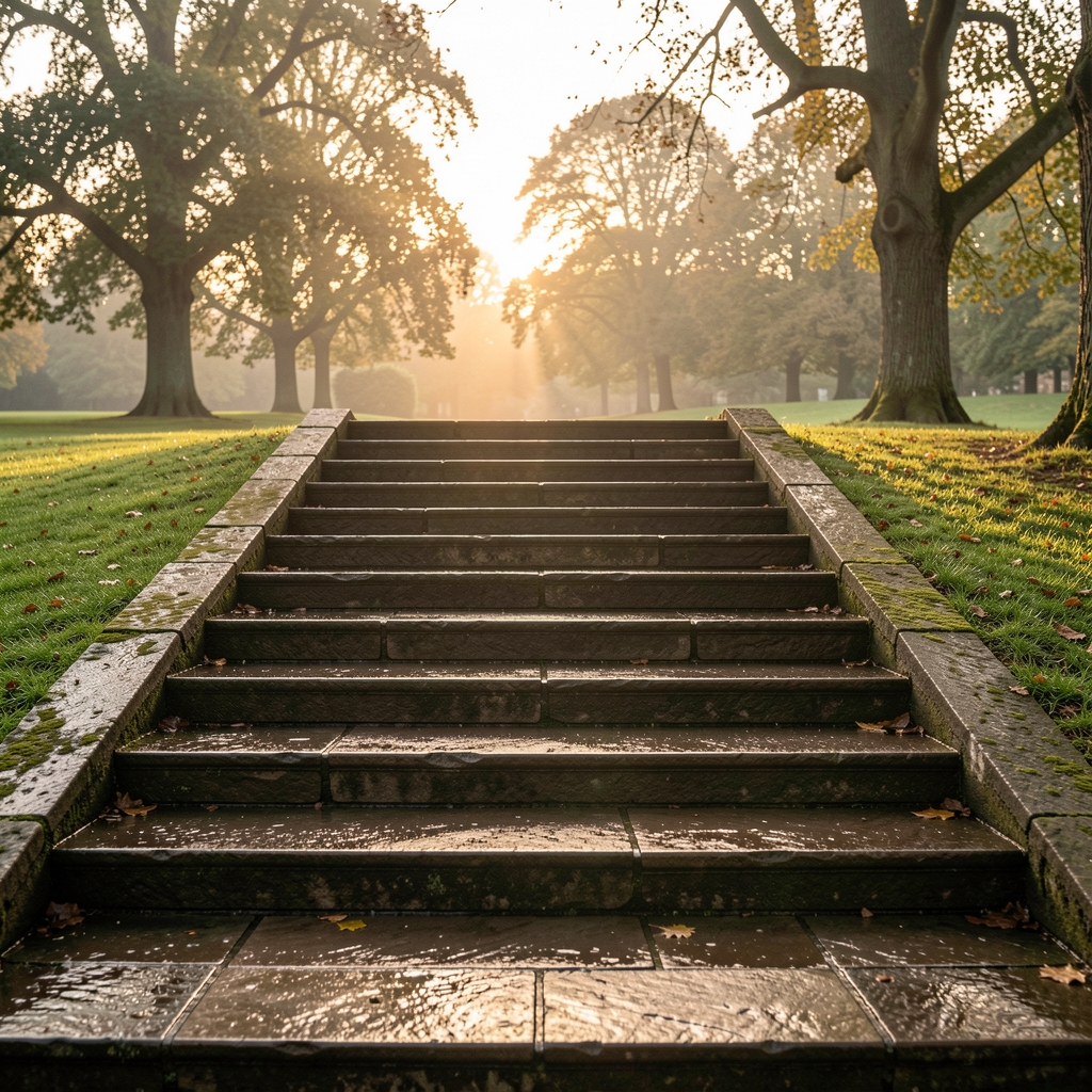 Stone staircase in an English park at dawn, wet steps glistening in early morning light, used for interval conditioning work, viewed from the bottom looking up