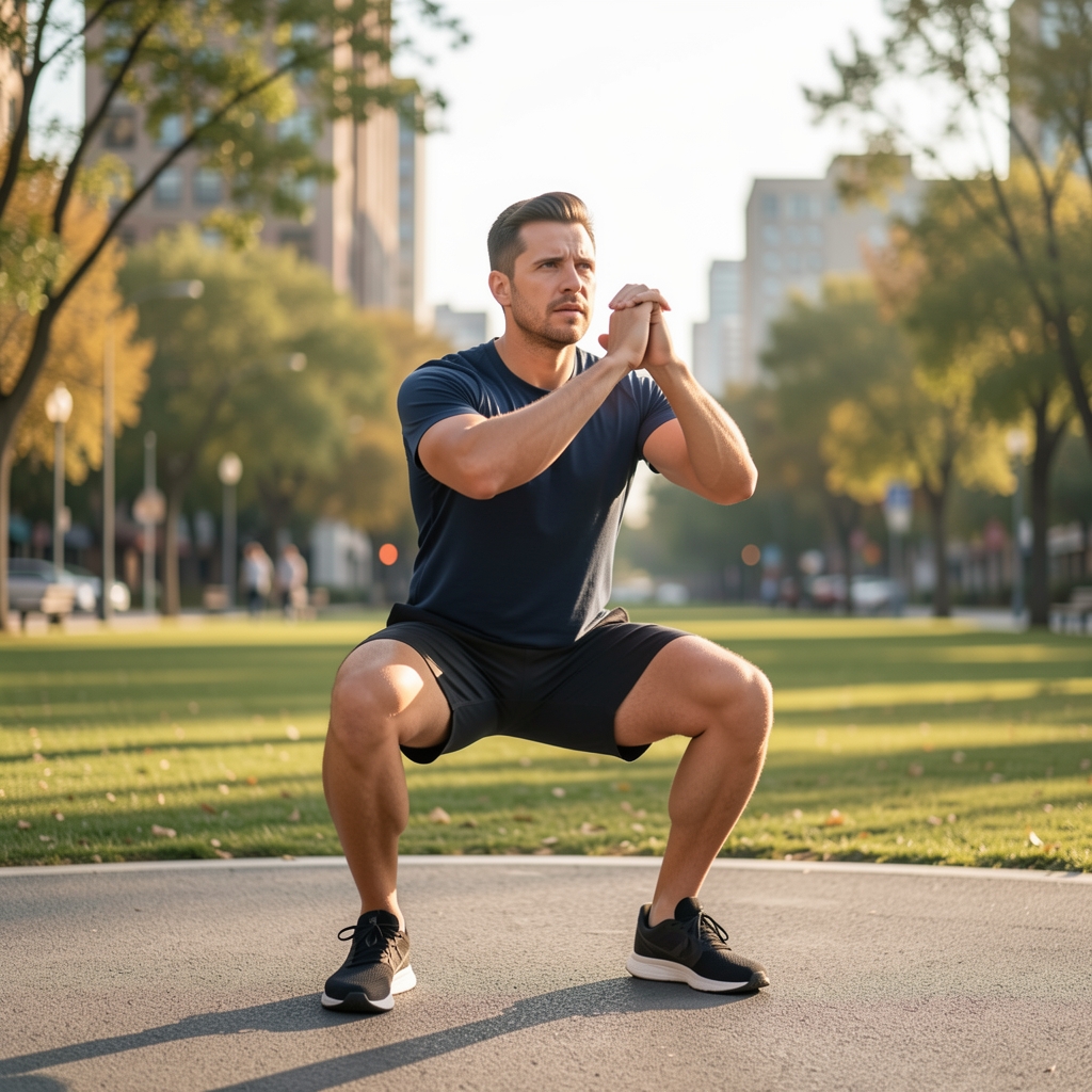 Man performing a bodyweight squat in an outdoor urban park, morning light, minimal background