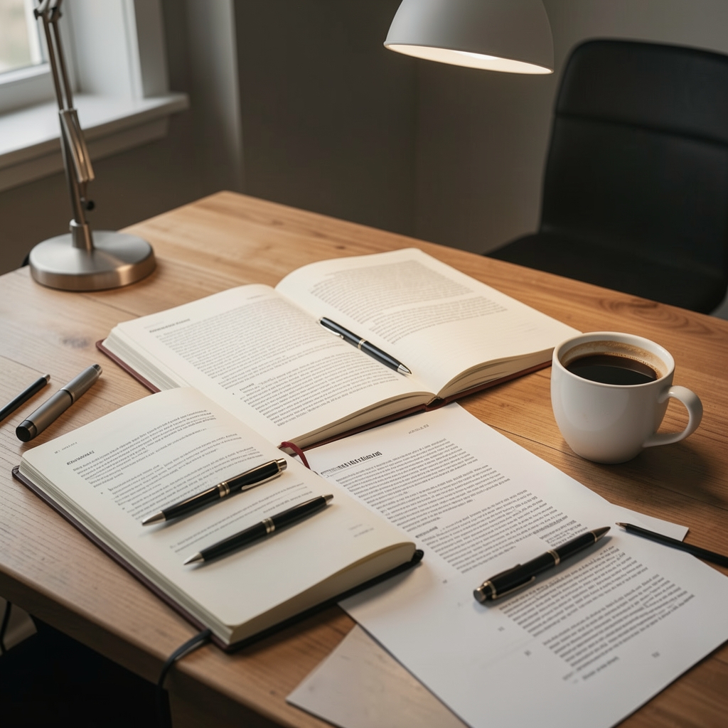 Editorial workspace with open notebooks, printed research documents and a cup of coffee under studio lighting